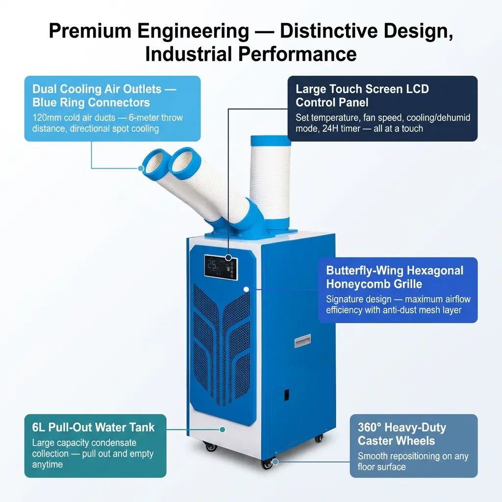 Custom Butterfly Wing Hexagonal Honeycomb 24H Timer Spot Cooler Portable Industrial AC Cum Outdoor Event Tentorium Custom Butterfly Wing Hexagonal Honeycomb 24H Timer Spot Cooler Portable Industrial AC Cum Outdoor Event Tentorium